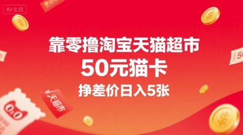靠零撸淘宝天猫超市50元猫卡，挣差价日入5张-云网创