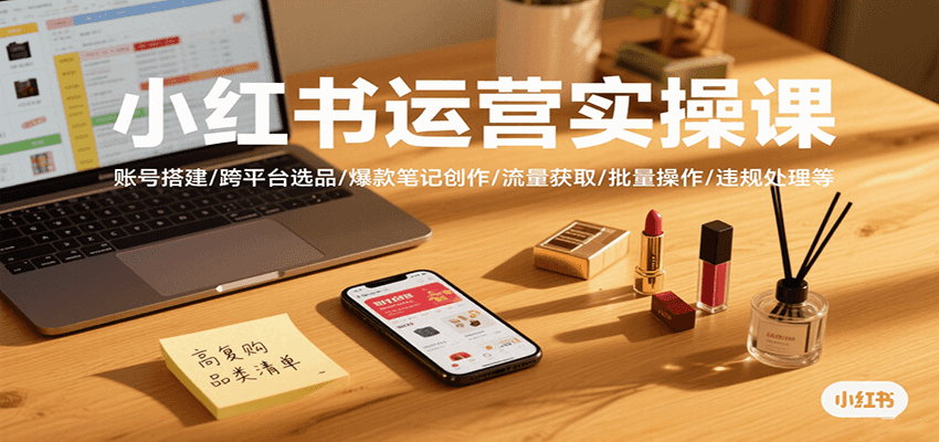 小红书运营实操课，账号搭建/跨平台选品/爆款笔记创作/流量获取/批量操作/违规处理等-云网创