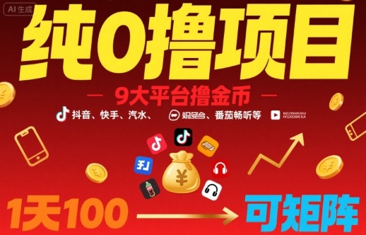 纯0撸项目，9大平台撸金币，抖音，快手，汽水，番茄畅听等，1天100，可矩阵-云网创
