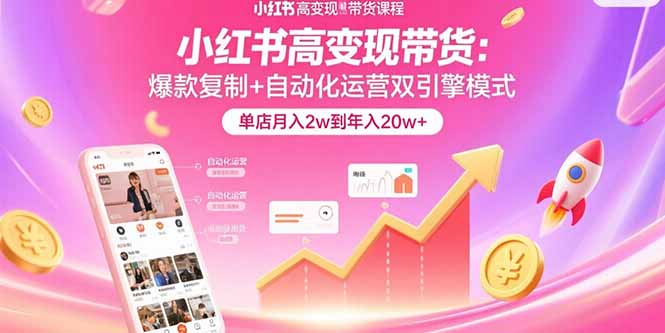 小红书高变现带货：爆款复制+自动化运营双引擎模式 单店月入2w到年入20w+-云网创