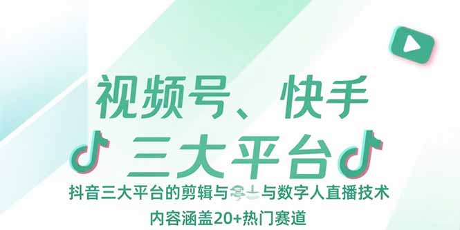 视频号、快手、抖音三大平台的剪辑与数字人直播技术，内容涵盖20+热门赛道-云网创