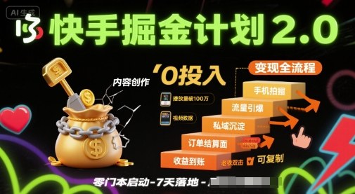 快手掘金计划2.0，快手电商变现全流程，简单可复制，0投入-云网创