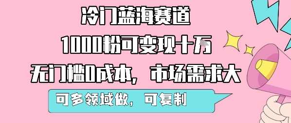 冷门蓝海赛道，1000粉可变现十W，无门槛0成本，市场需求大，可多领域做，可复制性强-云网创