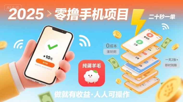 2025年零撸手机项目，二十秒一单，纯薅羊毛 一天2张+做就有-云网创