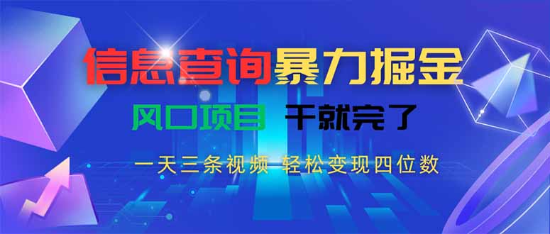 信息查询暴力掘金，一天三条视频 轻松变现四位数，风口项目干就完了-云网创