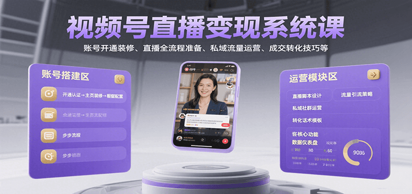 视频号直播变现系统课，账号开通装修、直播全流程准备、私域流量运营、成交转化技巧等-云网创