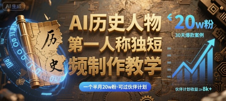 最新AI历史人物第一人称独白短视频制作教学，一个半月20w粉，可过伙伴计划-云网创