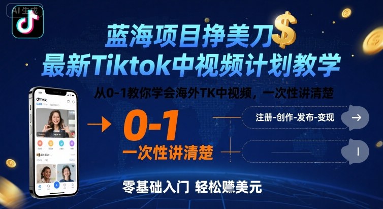 蓝海项目挣美刀，最新Tiktok中视频计划教学，从0-1教你学会海外TK中视频，一次性讲清楚-云网创