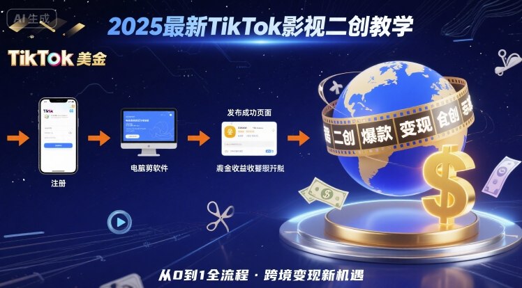 2025年最新TikTok影视二创教学，从注册到发布撸美金全流程，跨境变现新机遇-云网创