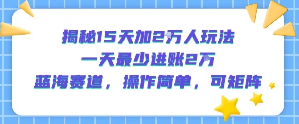 揭秘15天加2W人玩法，一天最少2万进账，蓝海赛道，操作简单，可矩阵-云网创