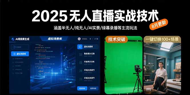 2025无人直播实战技术-8月，涵盖半无人/纯无人/AI实景/绿幕录播等主流玩法-云网创