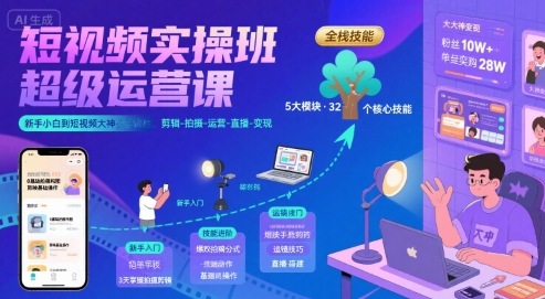 短视频实操班超级运营课，新手小白到短视频大神必修课程，剪辑-拍摄-运营-直播-变现-云网创