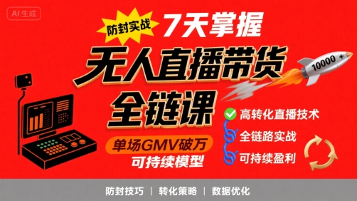 无人直播带货全链防封实战课，7天掌握高转化直播技术，实现单场GMV破万可持续模型-云网创